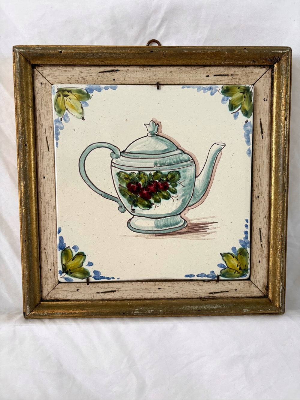 Vintage tea party pot painted tile ceramic wood frame home decor wall art